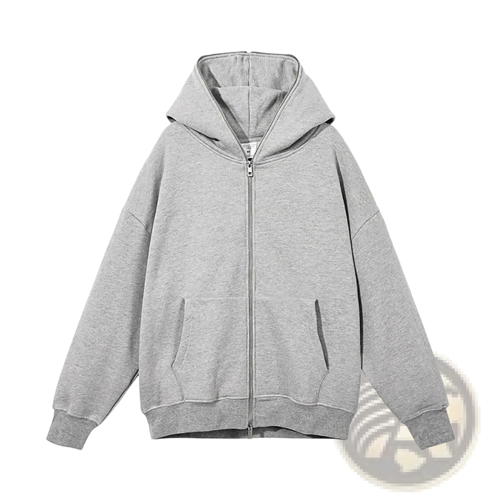 Minimalist black zip up hoodie with gray heathered material, relaxed fit, and front pockets for casual wear
