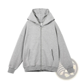 Minimalist black zip up hoodie with gray heathered material, relaxed fit, and front pockets for casual wear