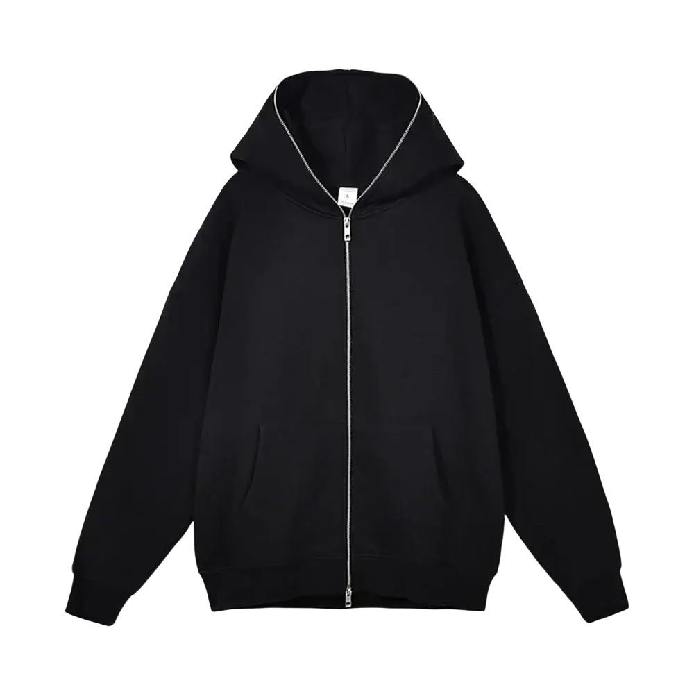 Minimalist black zip up hoodie with a silver zipper and ribbed cuffs made from soft fabric for casual wear
