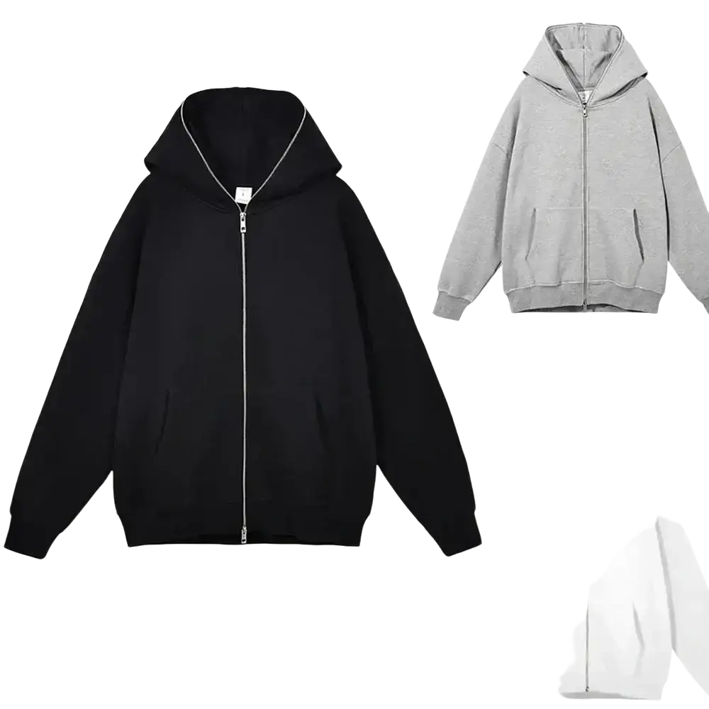 Minimalist black zip hoodie with silver zipper and ribbed cuffs shown with matching gray and white versions