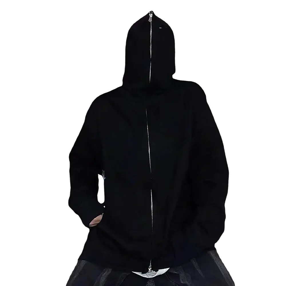 Minimalist black zip up hoodie featuring a full-length silver zipper and hood in soft comfortable fabric