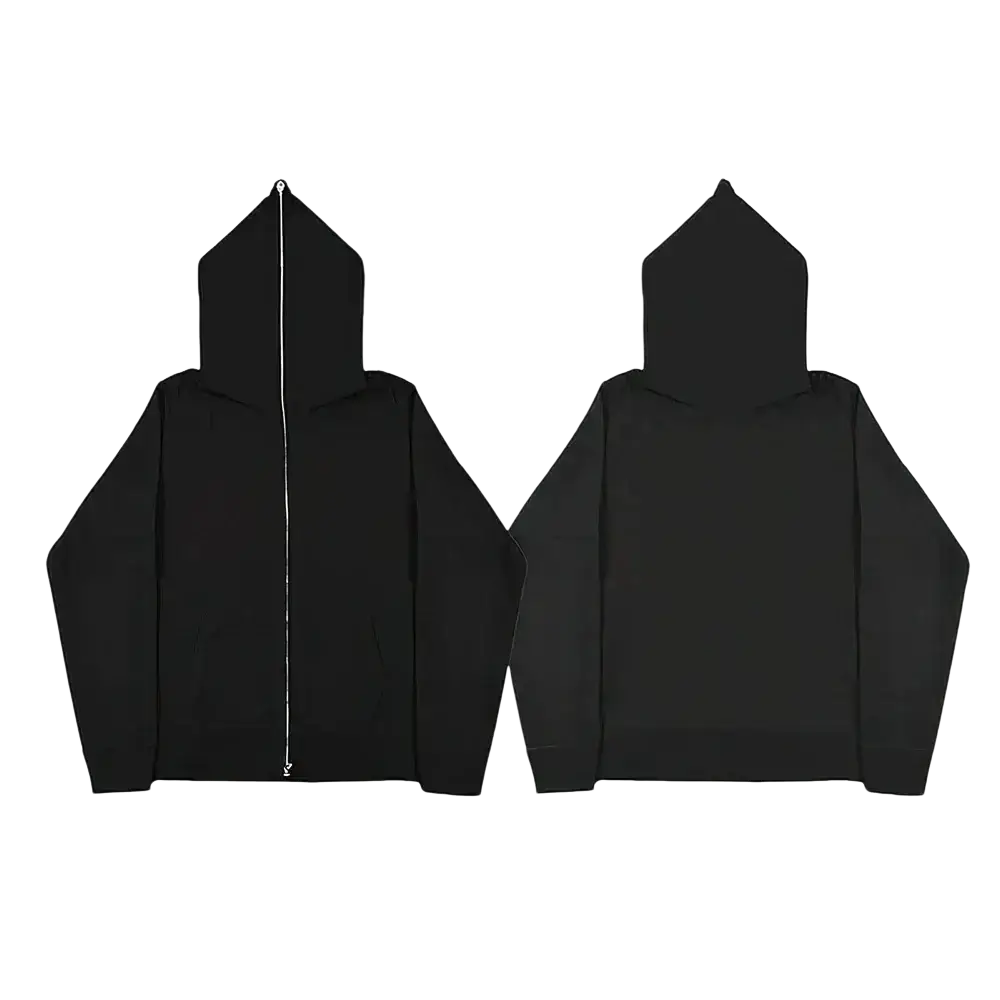 Minimalist black zip hoodie featuring a sleek design with subtle white zipper trim for versatile casual wear