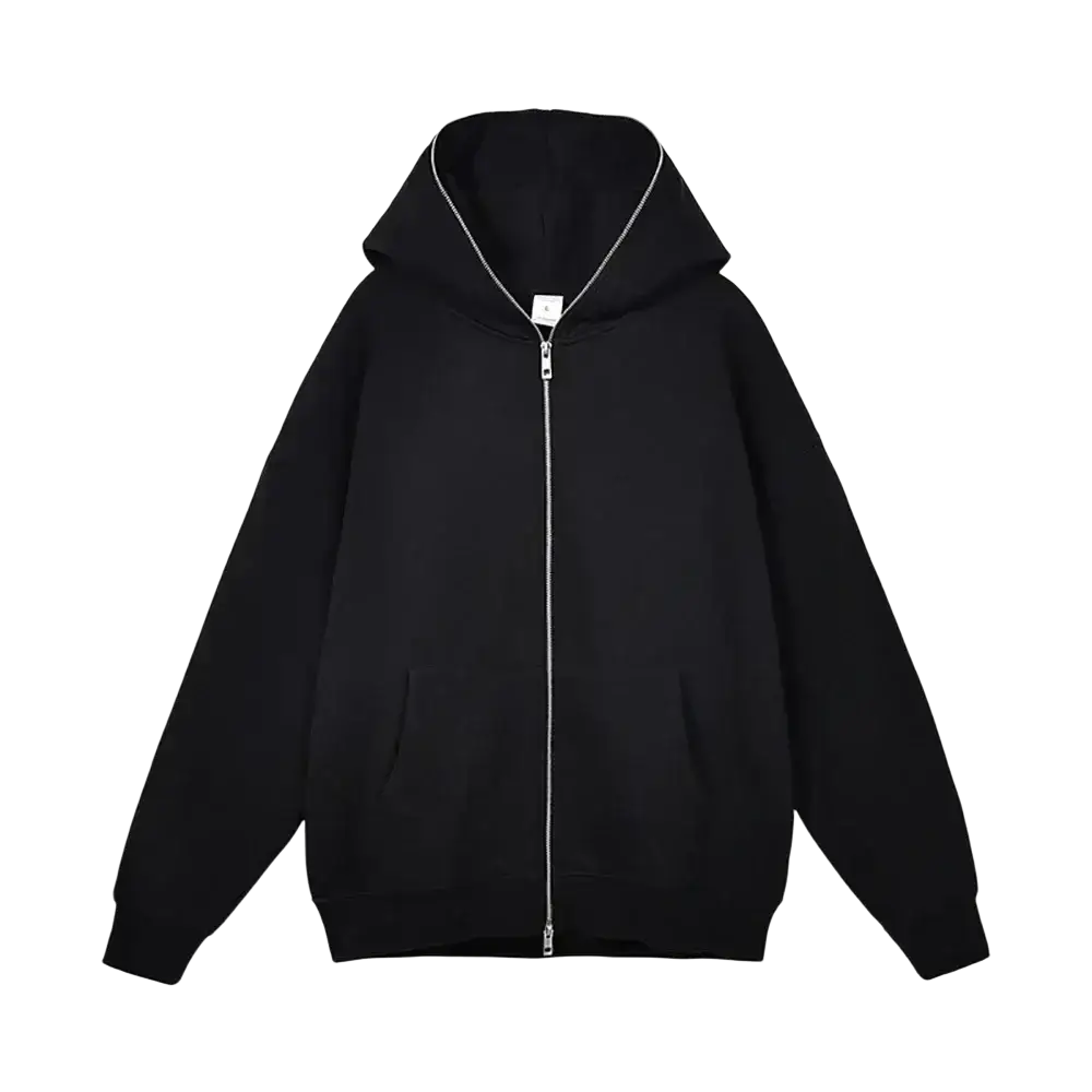 Minimalist black zip hoodie with silver zipper and trim along the hood edge in a sleek black zip design