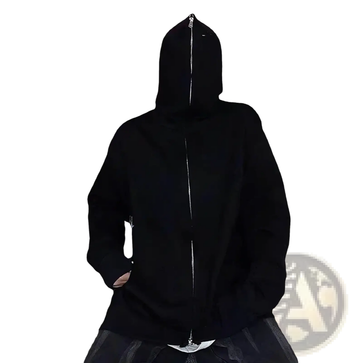 Minimalist black zip up hoodie featuring a full-length silver zipper and hood in soft comfortable fabric