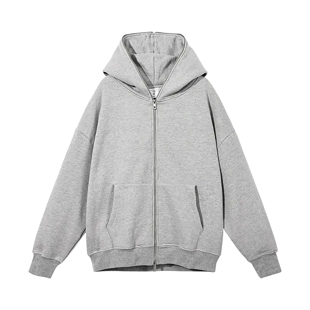Minimalist black zip up hoodie with gray heathered material, relaxed fit, and front pockets for casual wear