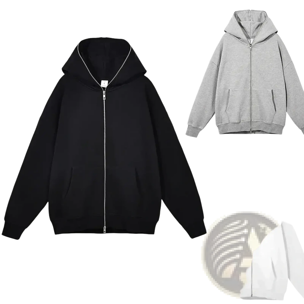 Minimalist black zip up hoodie with silver zipper and ribbed cuffs shown with gray and white versions