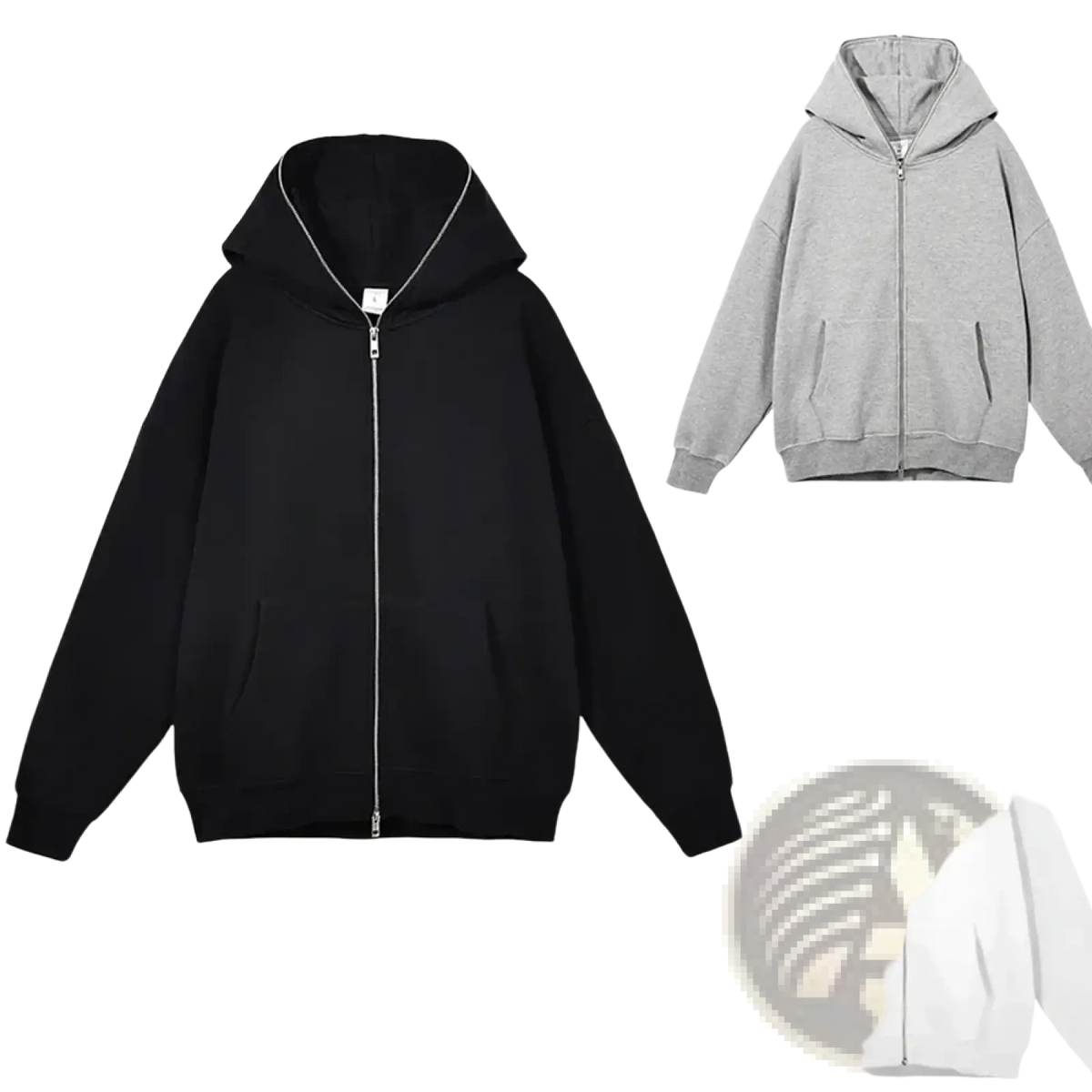 Minimalist black zip up hoodie with silver zipper and ribbed cuffs shown with gray and white versions