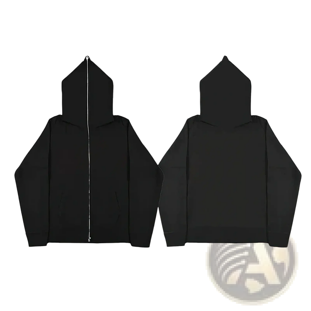 Minimalist black zip up hoodie with sleek minimalist design and subtle white zipper contrast in cotton material