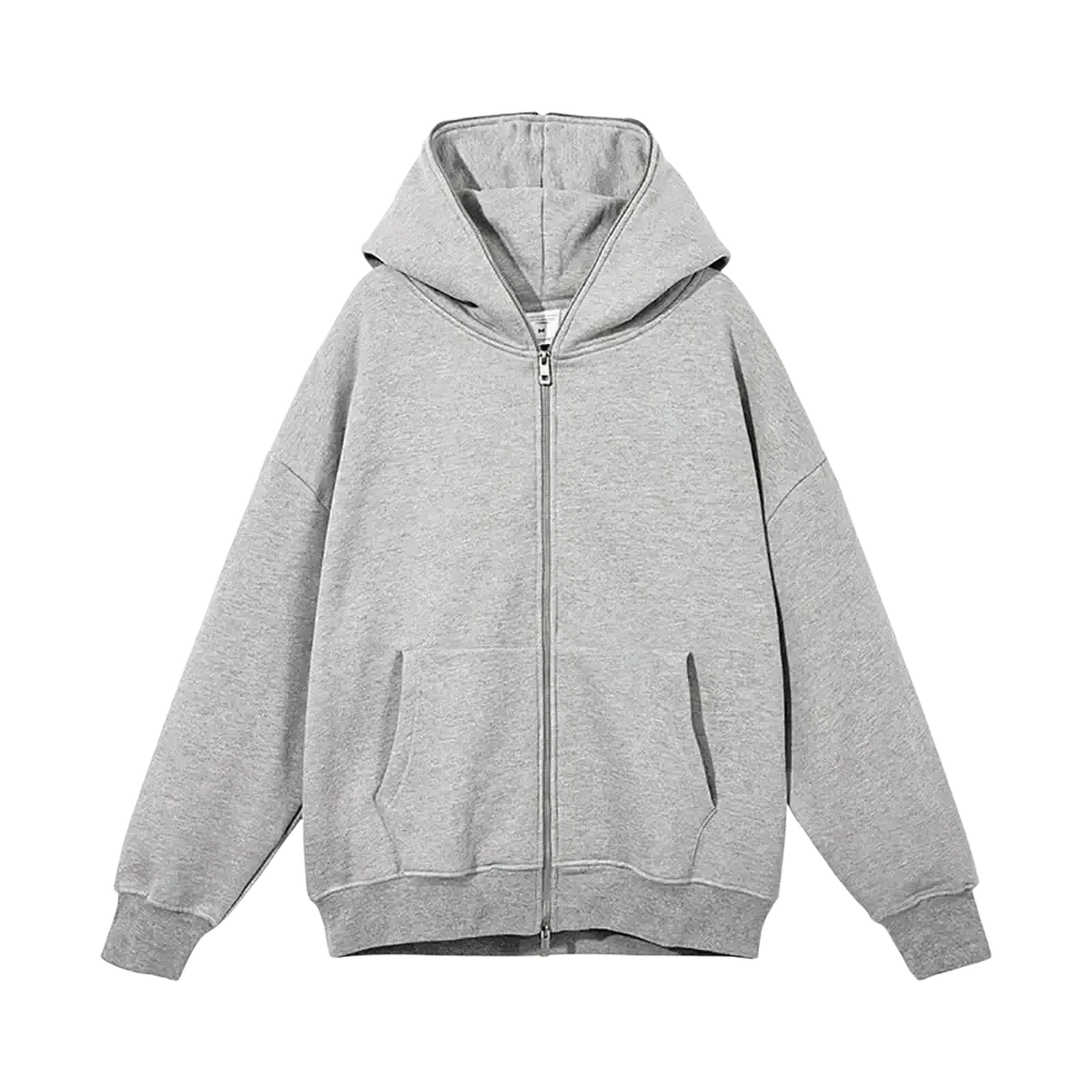 A soft heather gray zip-up hoodie with a relaxed fit and front pockets for minimalist black zip style