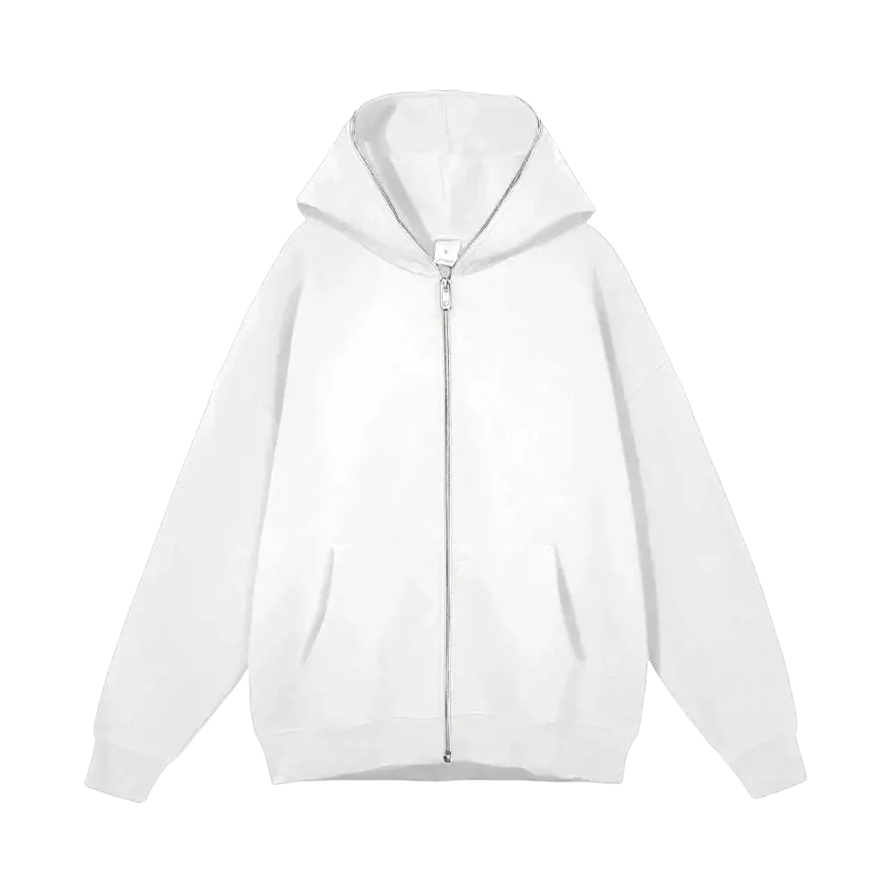 Minimalist black zip up hoodie featuring a white soft smooth fabric with a silver zipper for comfortable wear