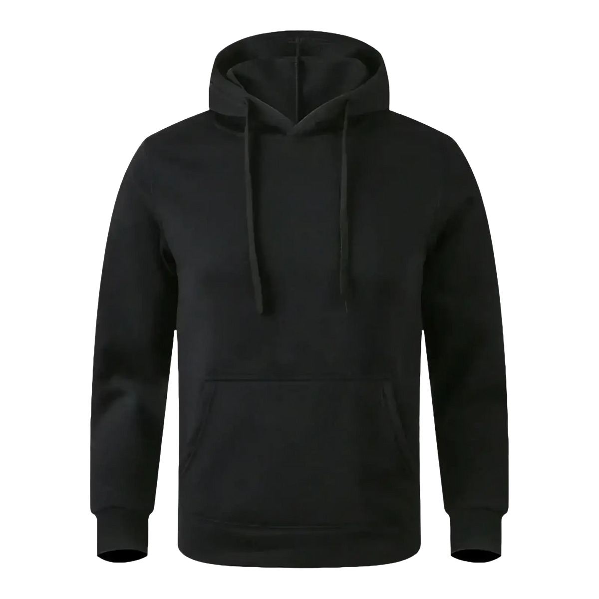 Black minimalist casual fleece hoodie with front pocket and drawstrings for men and women