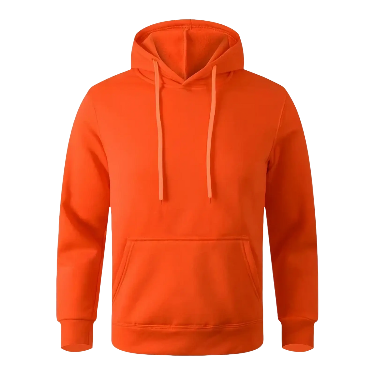 Bright orange minimalist casual fleece hoodie with hood, matching drawstrings, and front pocket for men and women
