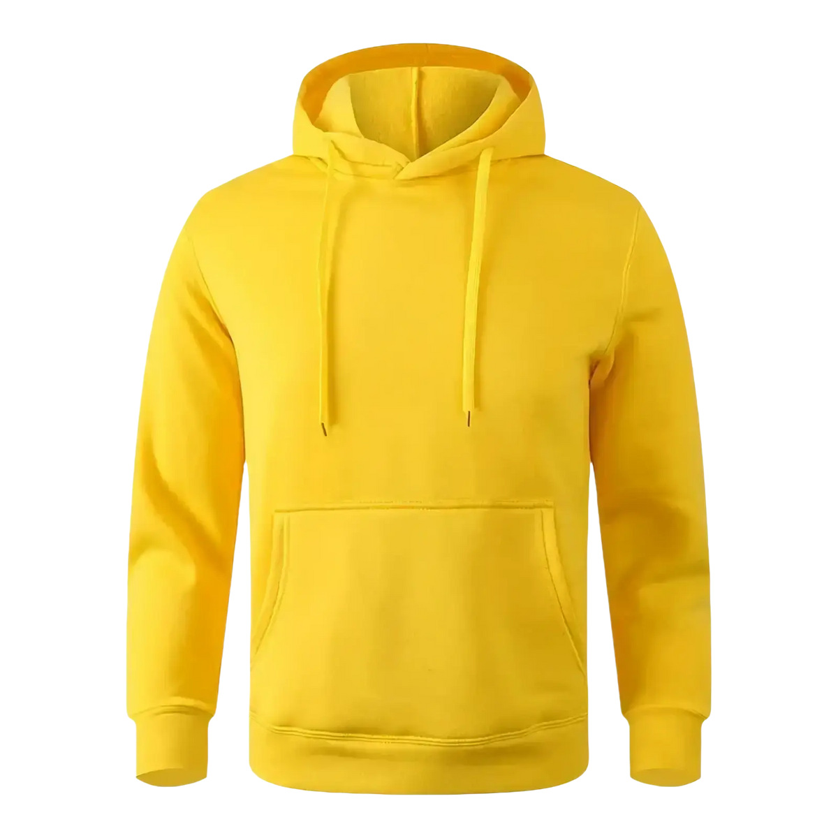 Bright yellow minimalist casual fleece hoodie with hood, front pocket, and matching drawstrings for men and women