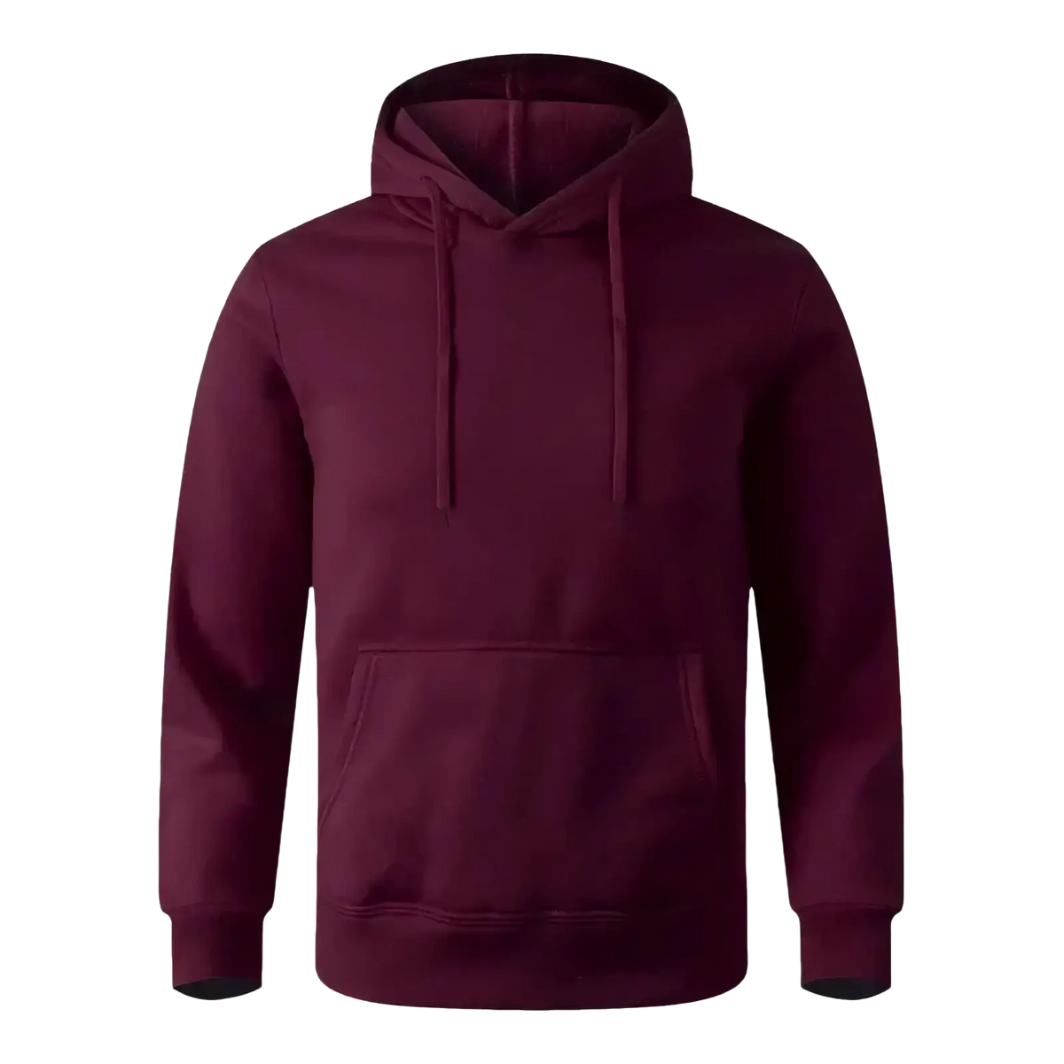 Minimalist casual fleece hoodie in maroon with hood, front kangaroo pocket, and matching drawstrings for men and women