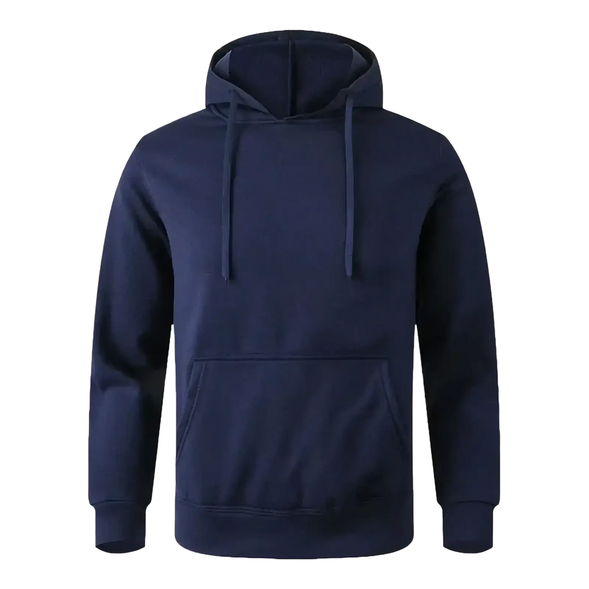 Navy blue minimalist casual fleece hoodie with hood, front pocket, and drawstrings for men and women