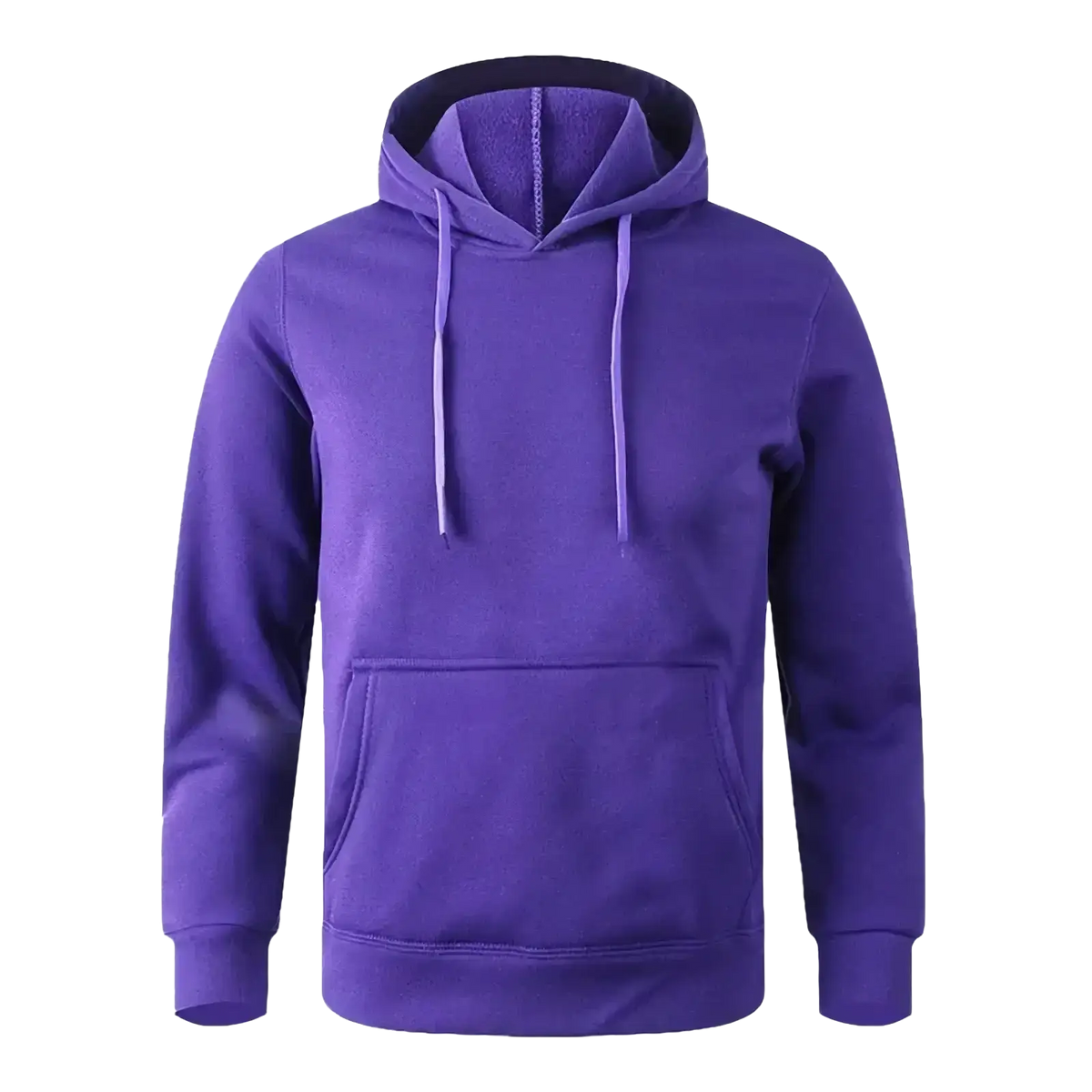 Purple minimalist casual fleece hoodie with matching drawstrings and front kangaroo pocket for men and women