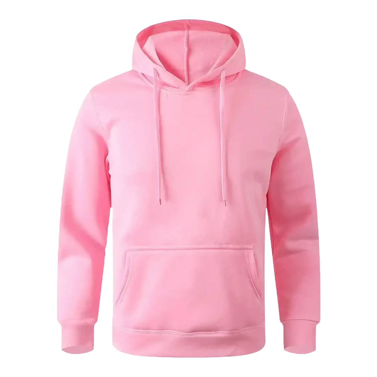 Minimalist casual fleece hoodie in soft pink with hood, front kangaroo pocket, and matching drawstrings for men and women