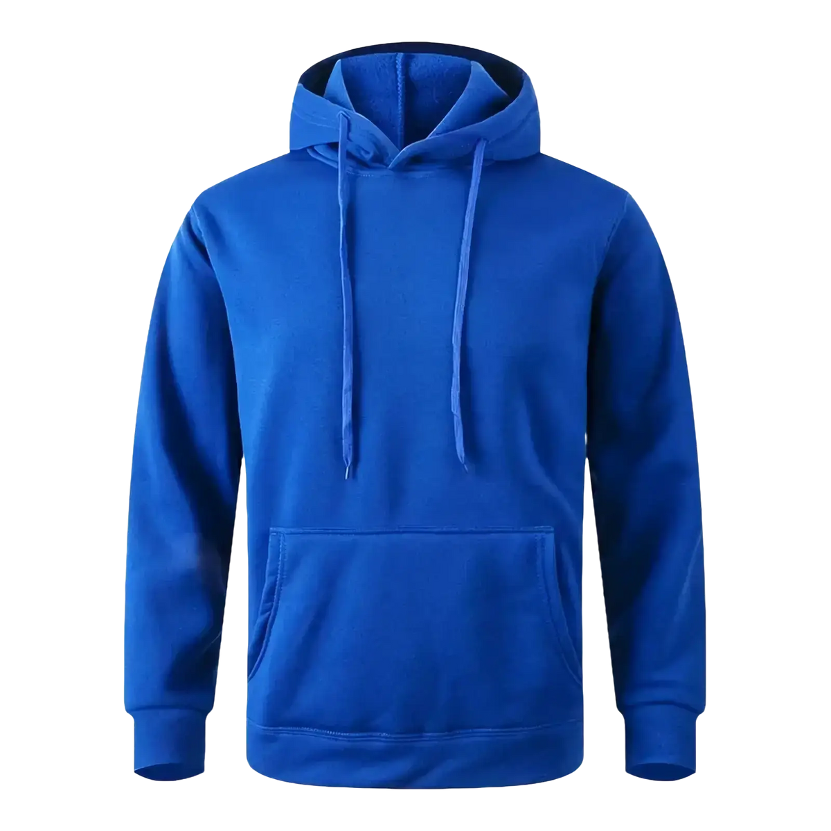 A vibrant royal blue minimalist casual fleece hoodie with hood, matching drawstring, and front pocket for men and women