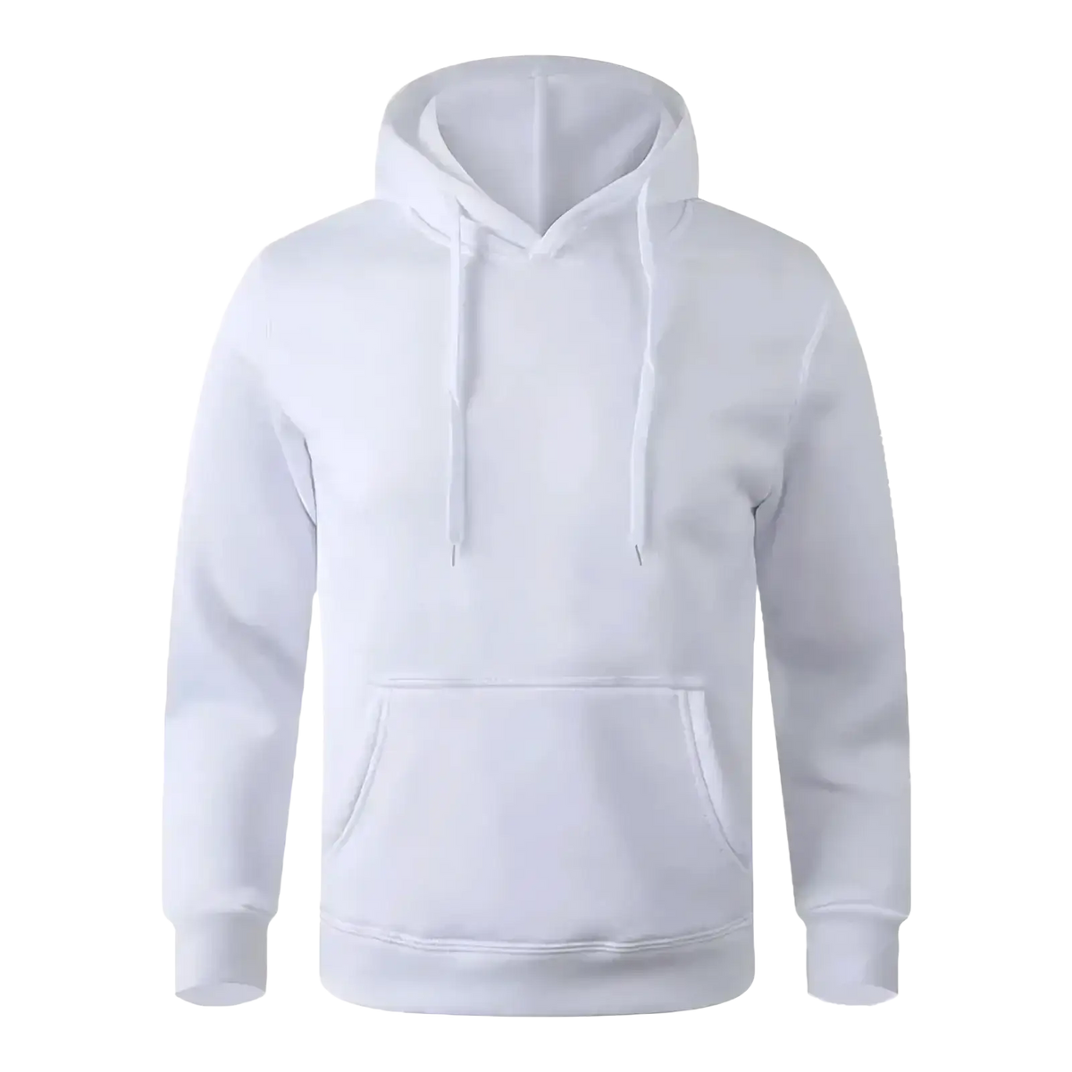 White hooded minimalist casual fleece hoodie with front pocket and drawstrings for men and women