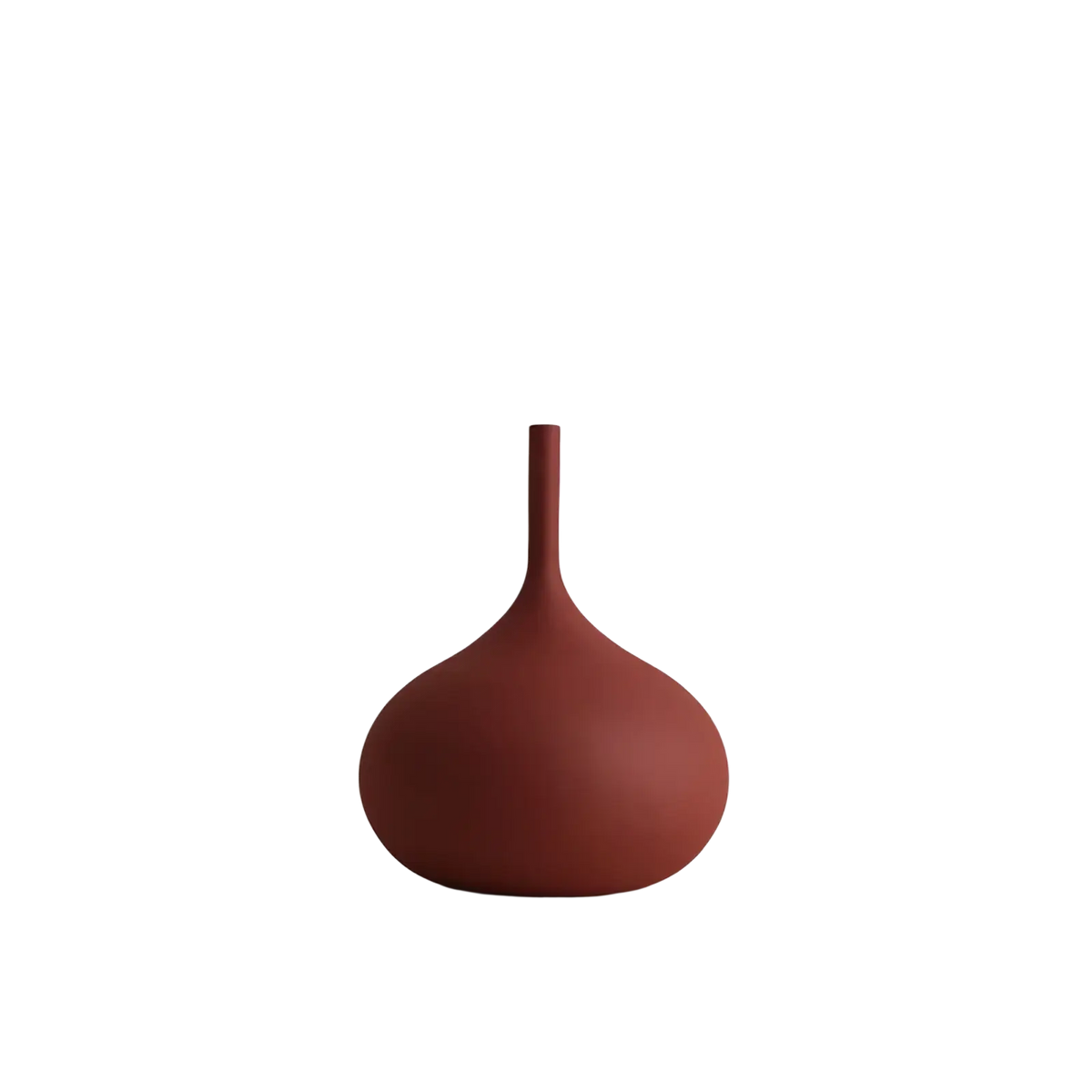 A matte terracotta-red ceramic vase with a rounded bulbous body and slender neck in minimalist wabi sabi decor
