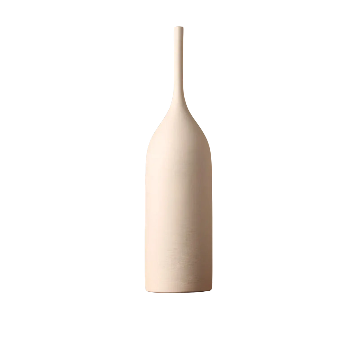 A sleek matte white ceramic vase with a slender neck and rounded body for minimalist wabi sabi decor