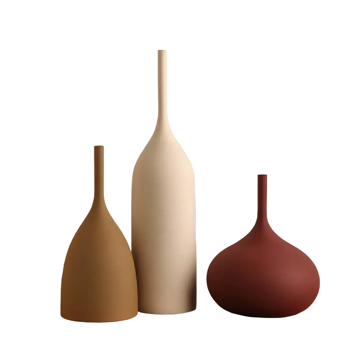Three minimalist ceramic vases in beige tan and terracotta tones with sleek modern shapes for wabi sabi decor