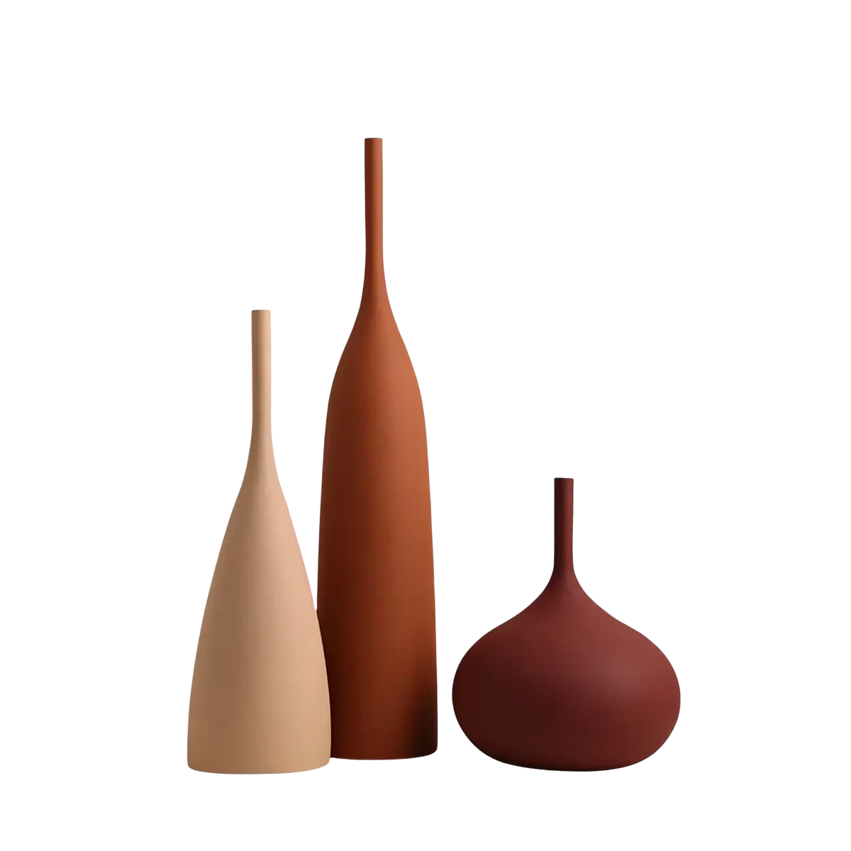 Three minimalist ceramic vases in beige terracotta and deep red with sleek modern silhouettes for wabi sabi decor