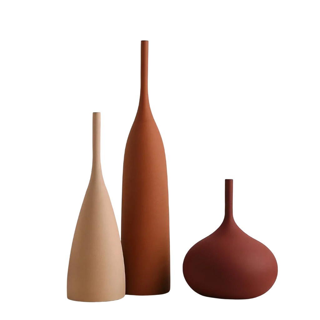 Three minimalist ceramic vases in beige terracotta and deep red with sleek modern shapes for wabi sabi decor