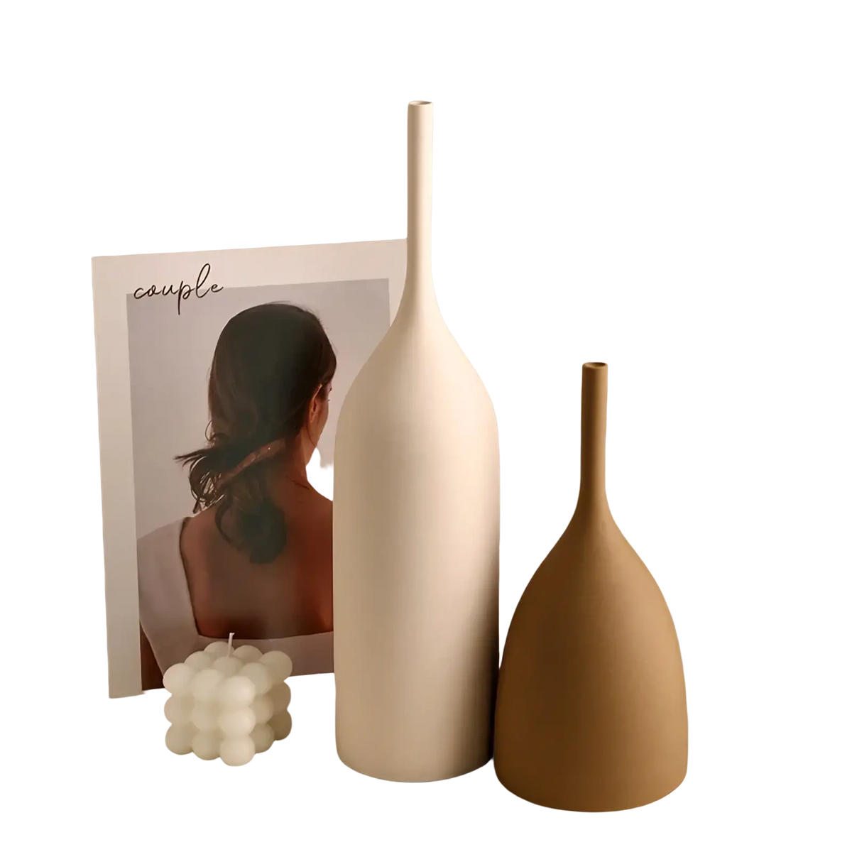 Two minimalist ceramic vases in white and tan with slender necks and rounded bodies for wabi sabi decor