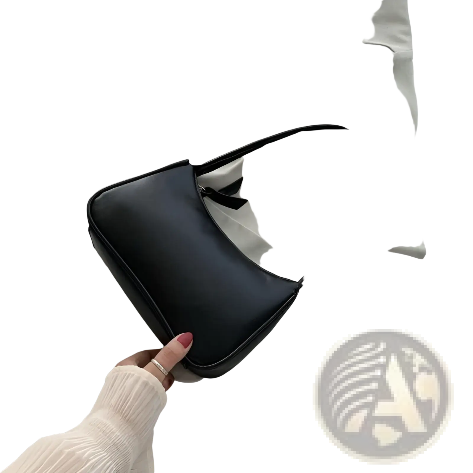 Minimalist black faux leather curved underarm handbag with sleek minimalist design and single shoulder strap