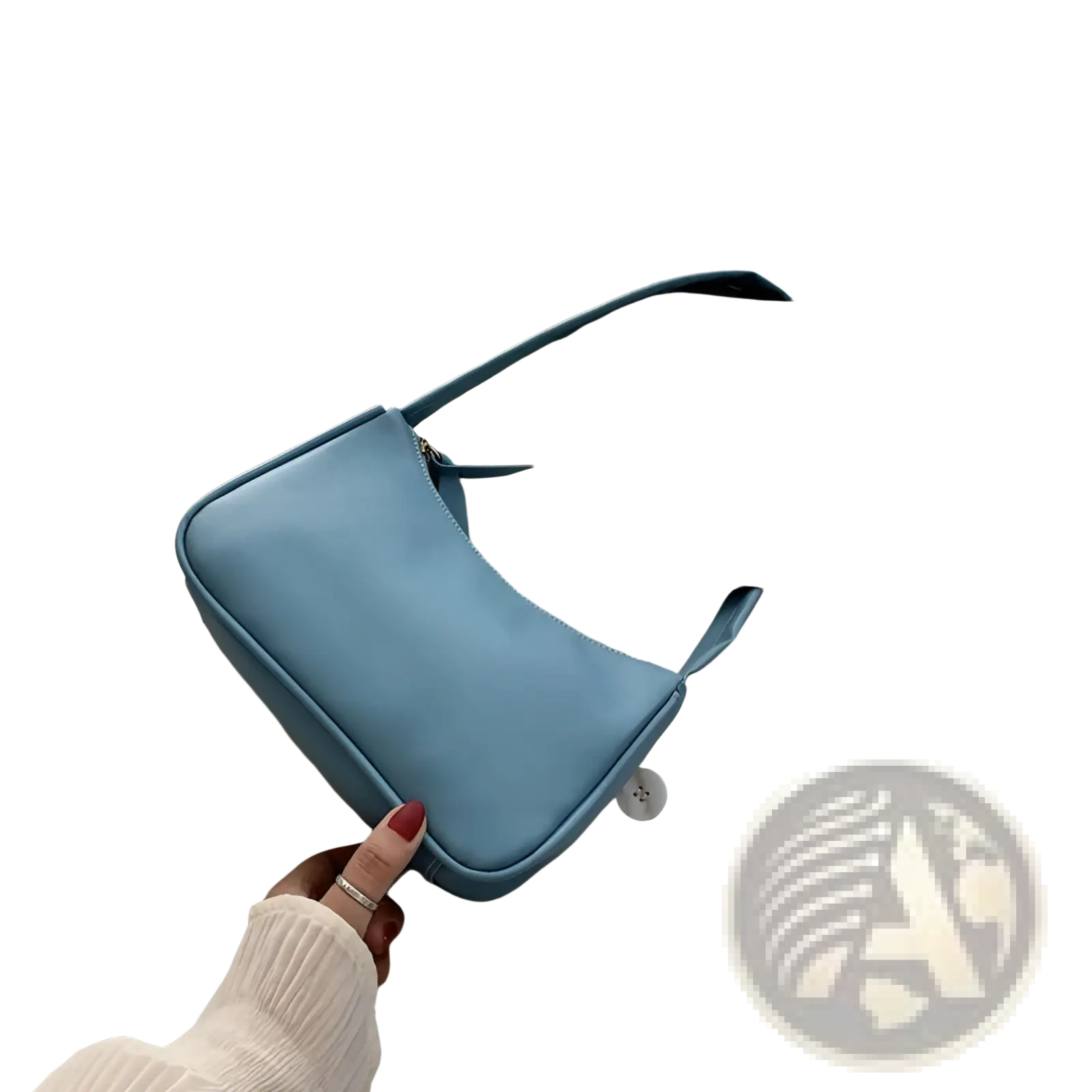 A minimalist light blue faux leather curved underarm handbag with a smooth structured design and matching shoulder strap