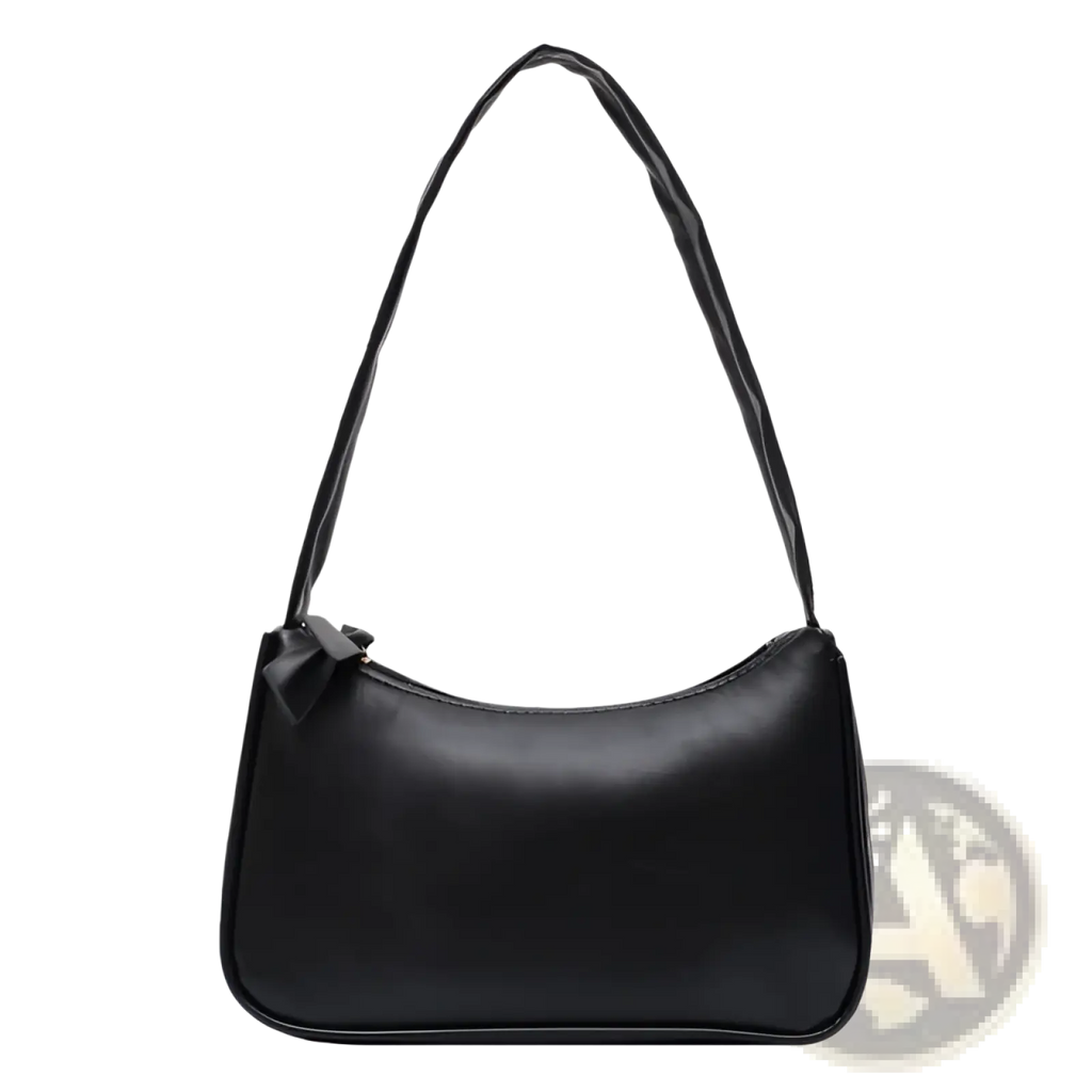 Black minimalist faux leather curved underarm handbag with sleek design and matching bow zipper pull accent