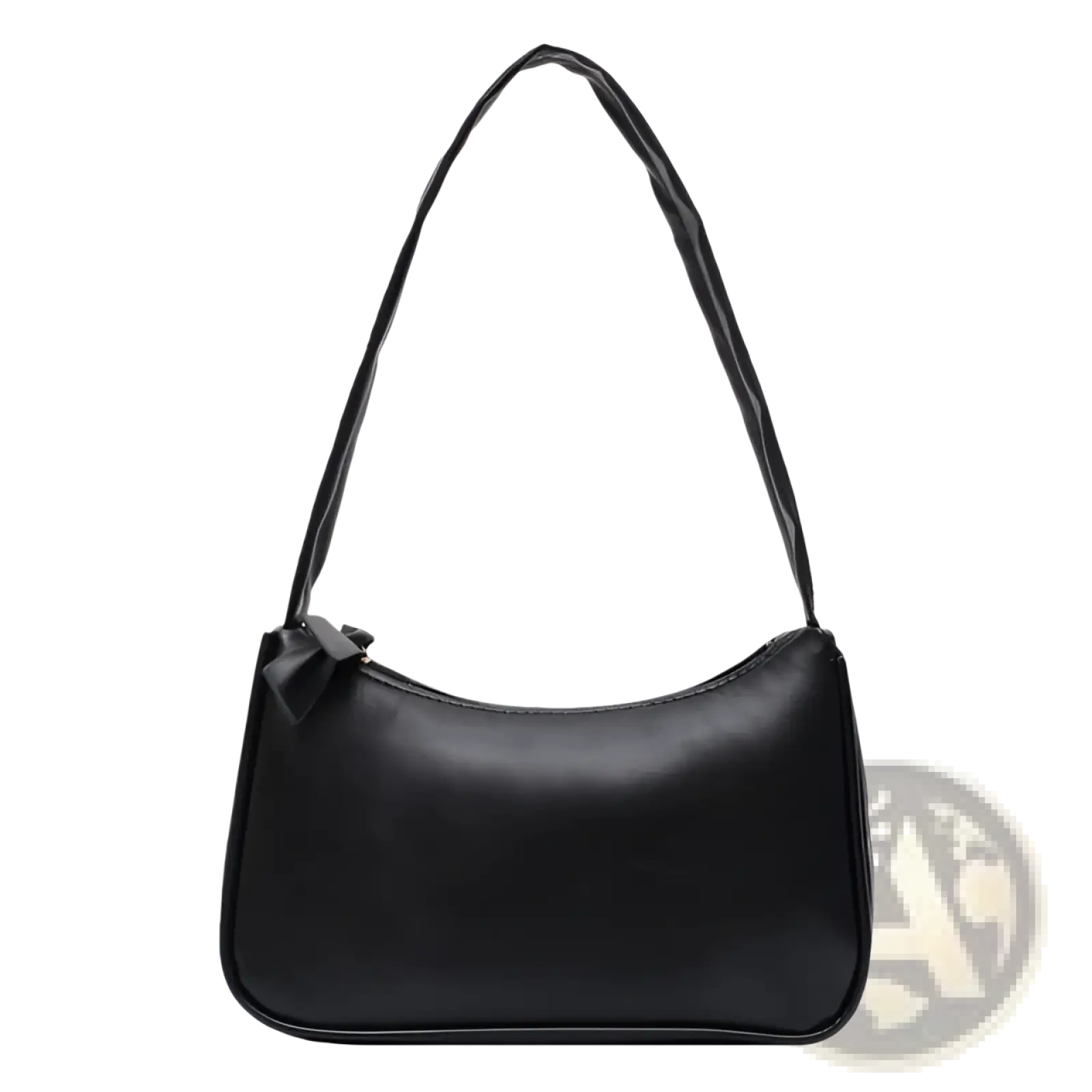Black minimalist faux leather curved underarm handbag with sleek design and matching bow zipper pull accent