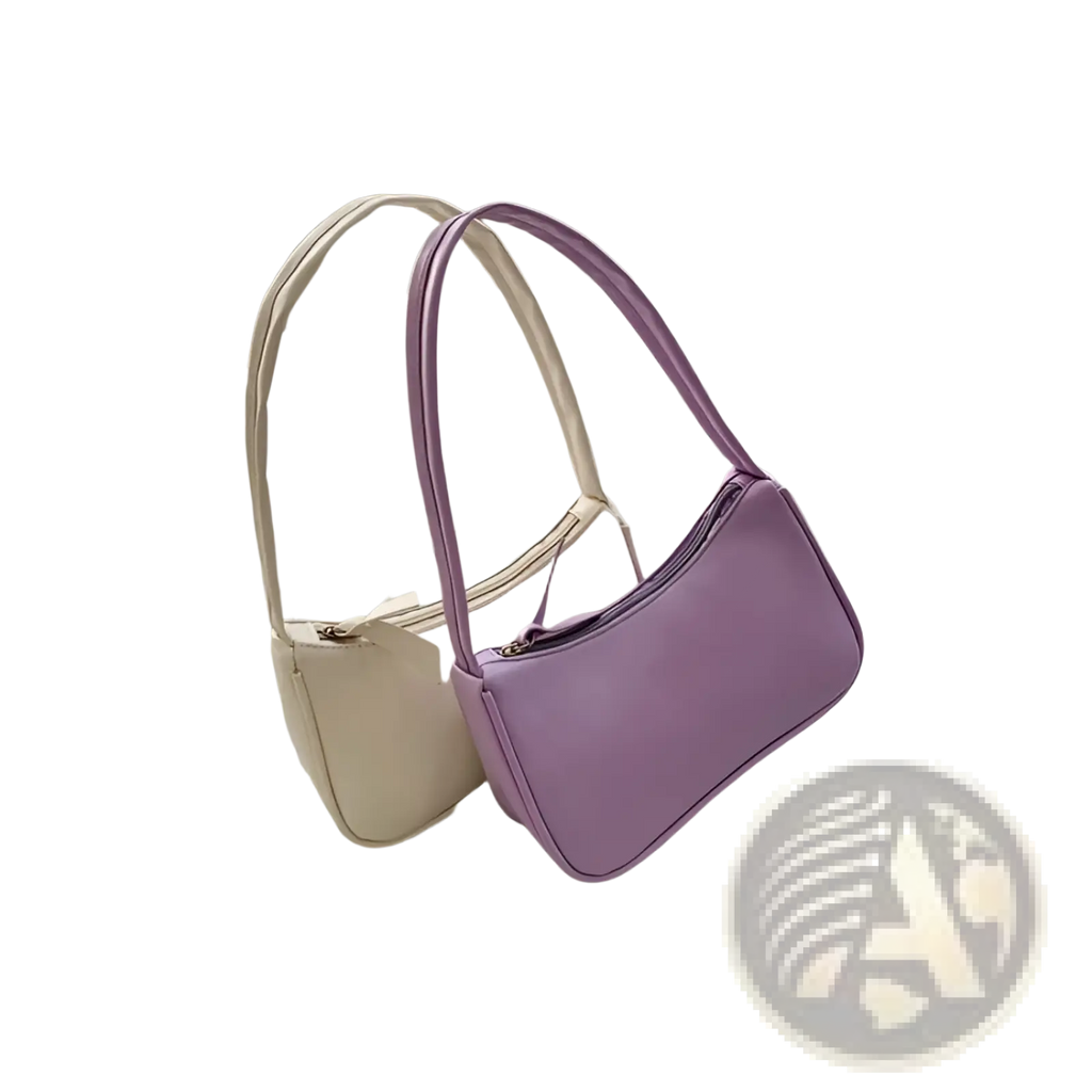 A minimalist faux leather curved underarm handbag in soft lavender and cream with a sleek structured design