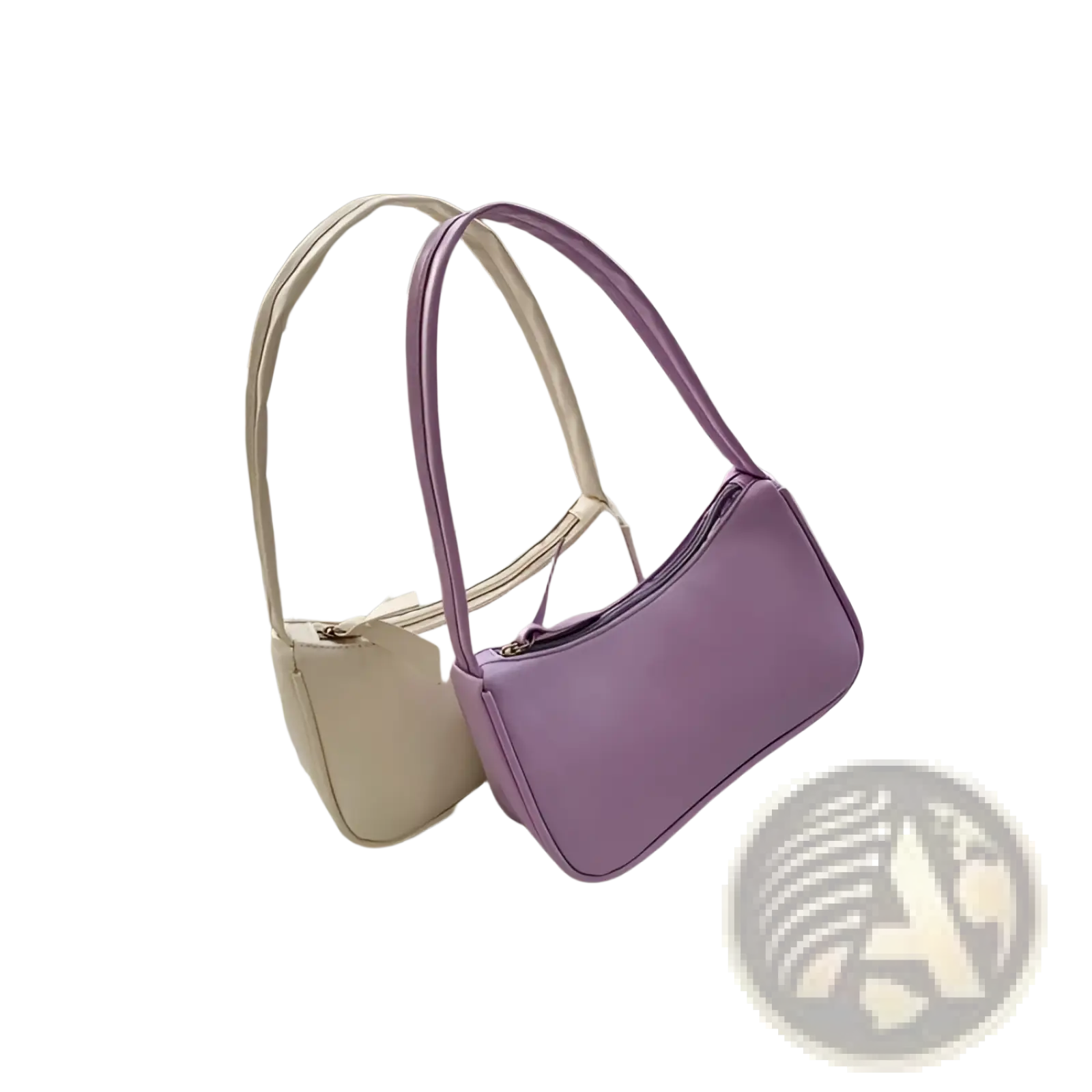 A minimalist faux leather curved underarm handbag in soft lavender and cream with a sleek structured design