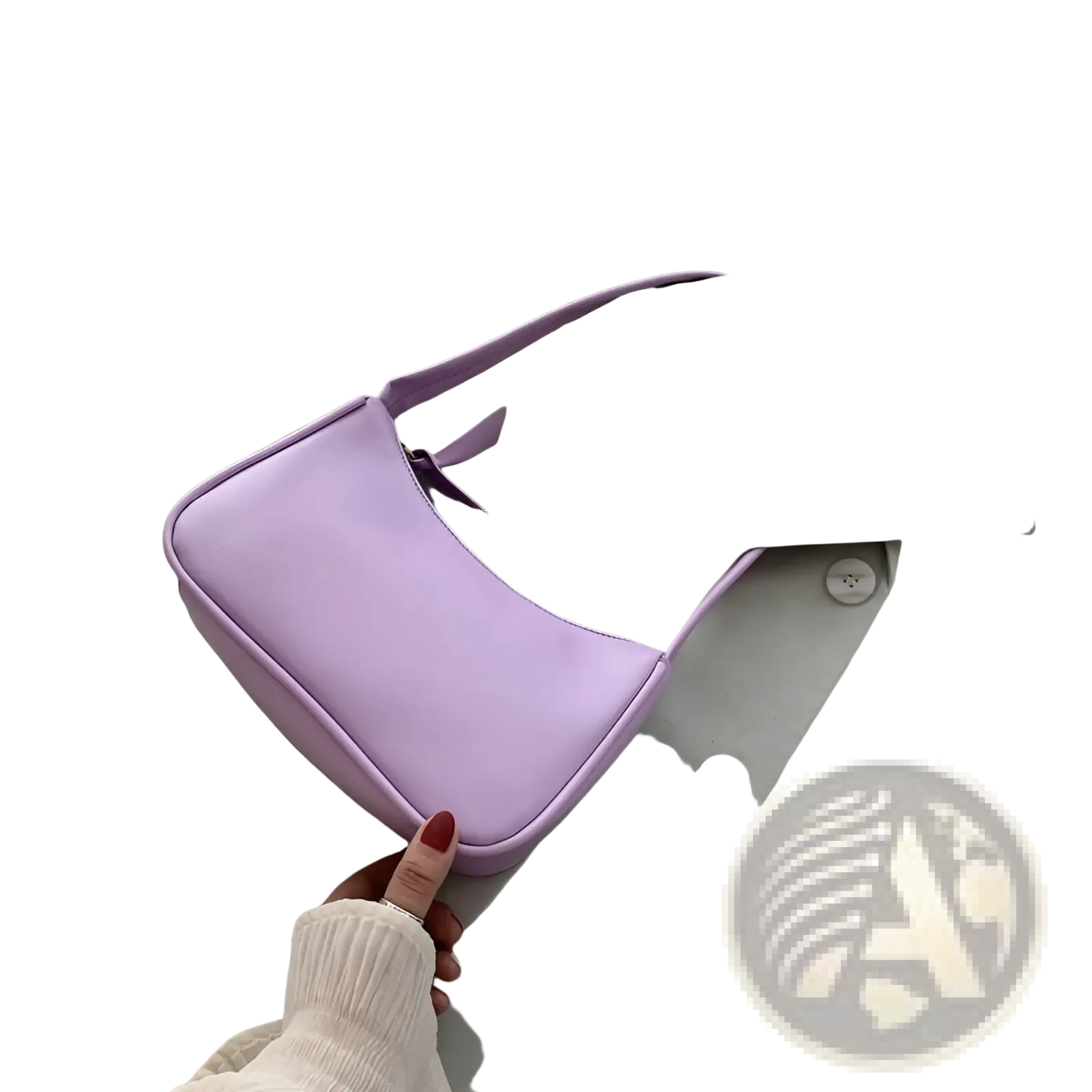 Minimalist faux leather curved underarm handbag in soft lavender with a sleek, smooth, and minimalist design