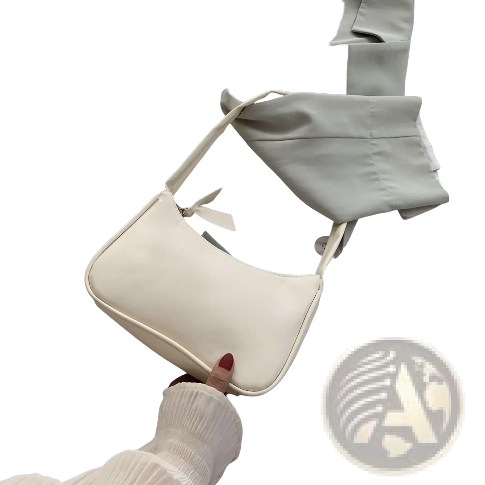 Minimalist faux leather curved underarm handbag in off-white with a sleek design and matching shoulder strap