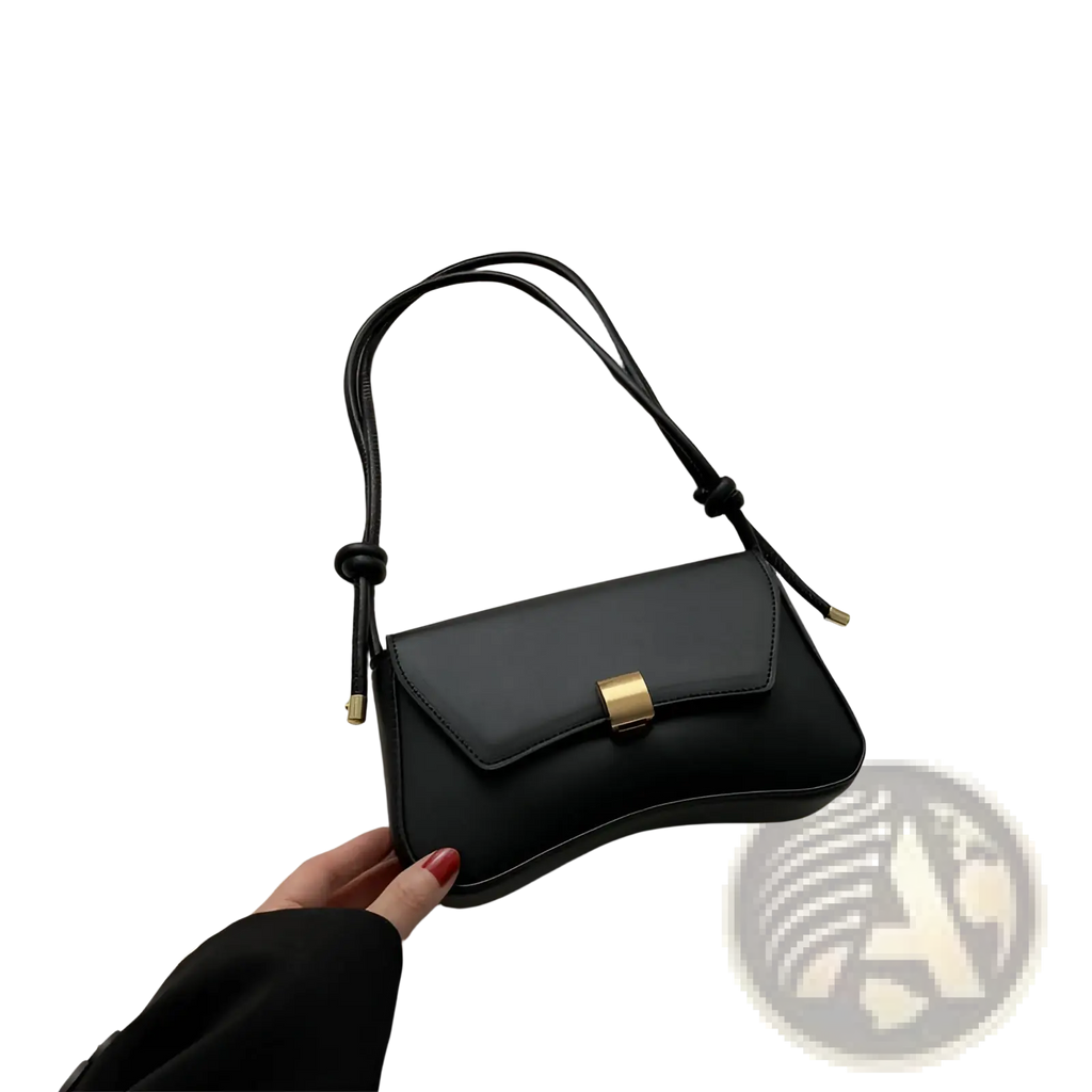 Minimalist black faux leather crossbody bag with gold-tone rectangular clasp and knotted strap for structured style