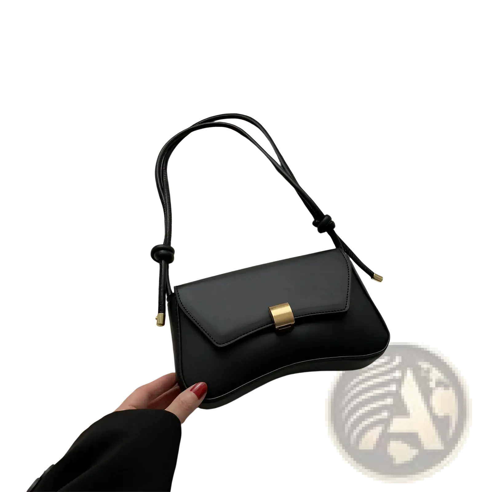 Minimalist black faux leather crossbody bag with gold-tone rectangular clasp and knotted strap for structured style