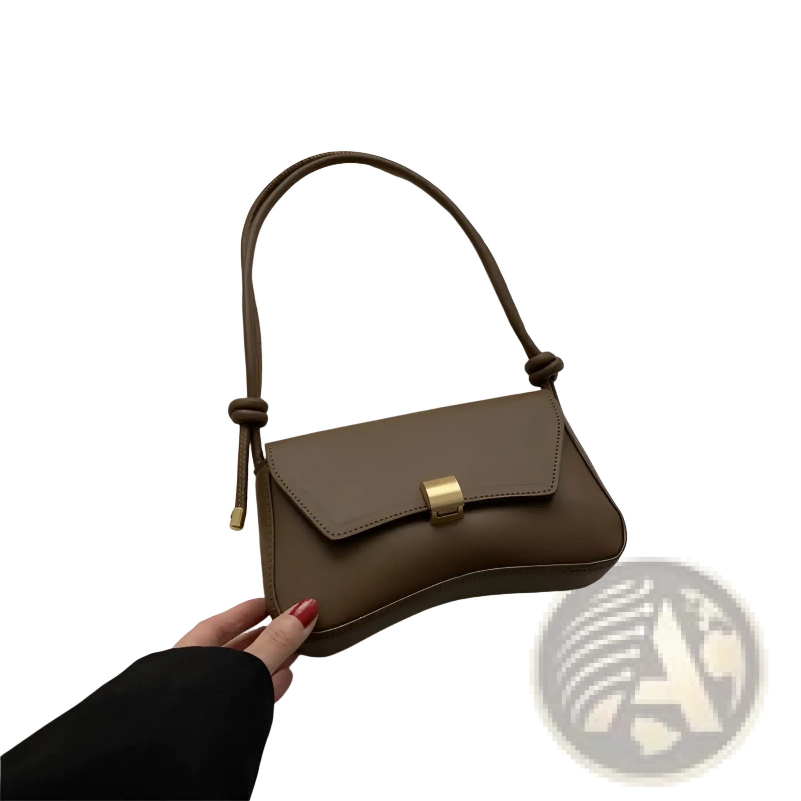 Minimalist taupe faux leather mini shoulder bag with gold-tone rectangular clasp and knotted strap
