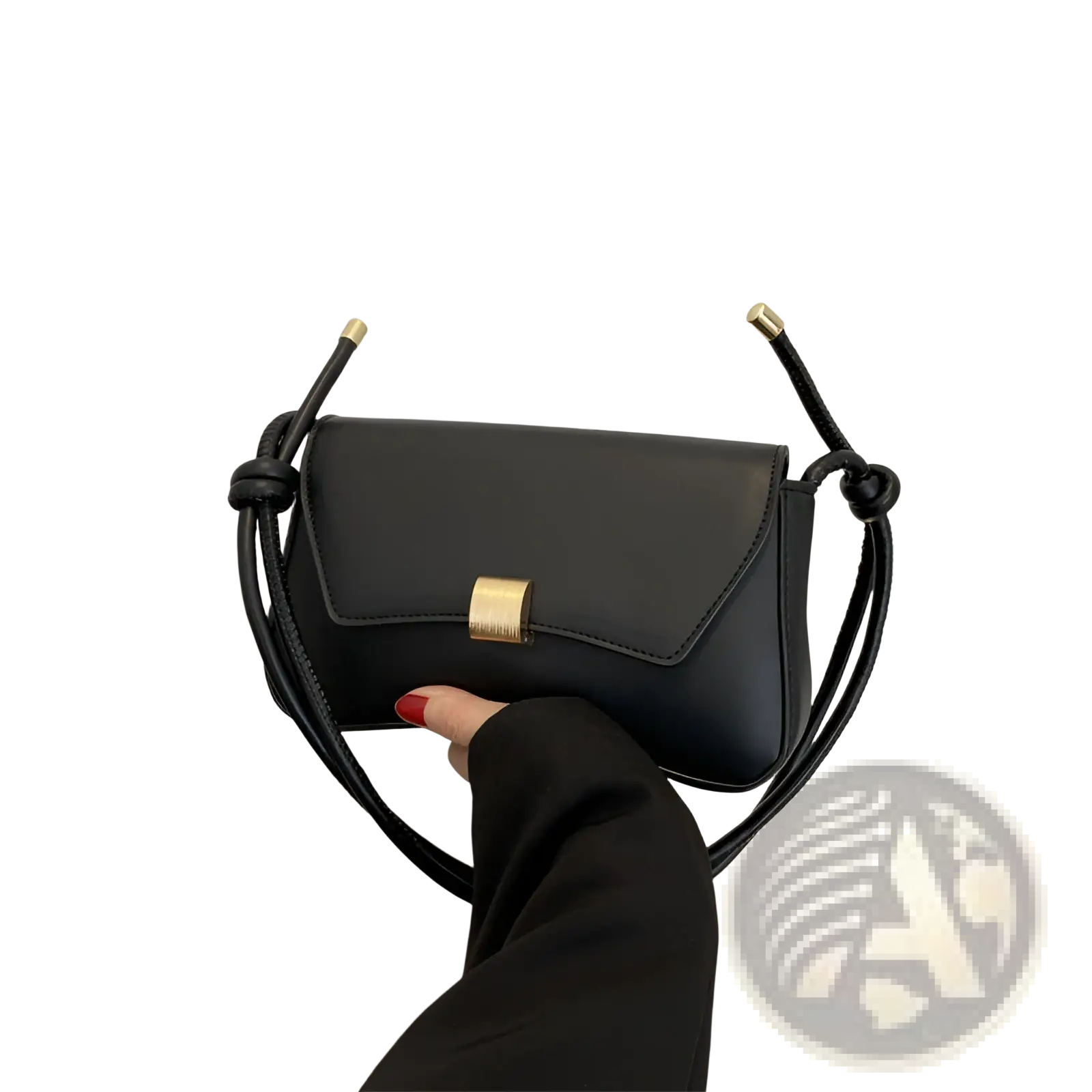 Black leather minimalist faux leather structured shoulder bag with gold-tone hardware and a knotted strap