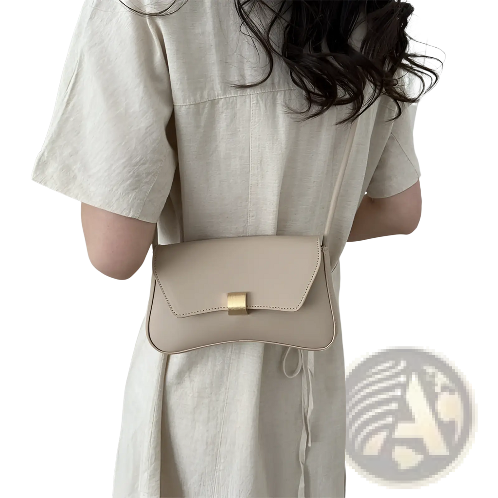 Beige minimalist faux leather structured crossbody bag with gold-tone rectangular clasp for shoulder use