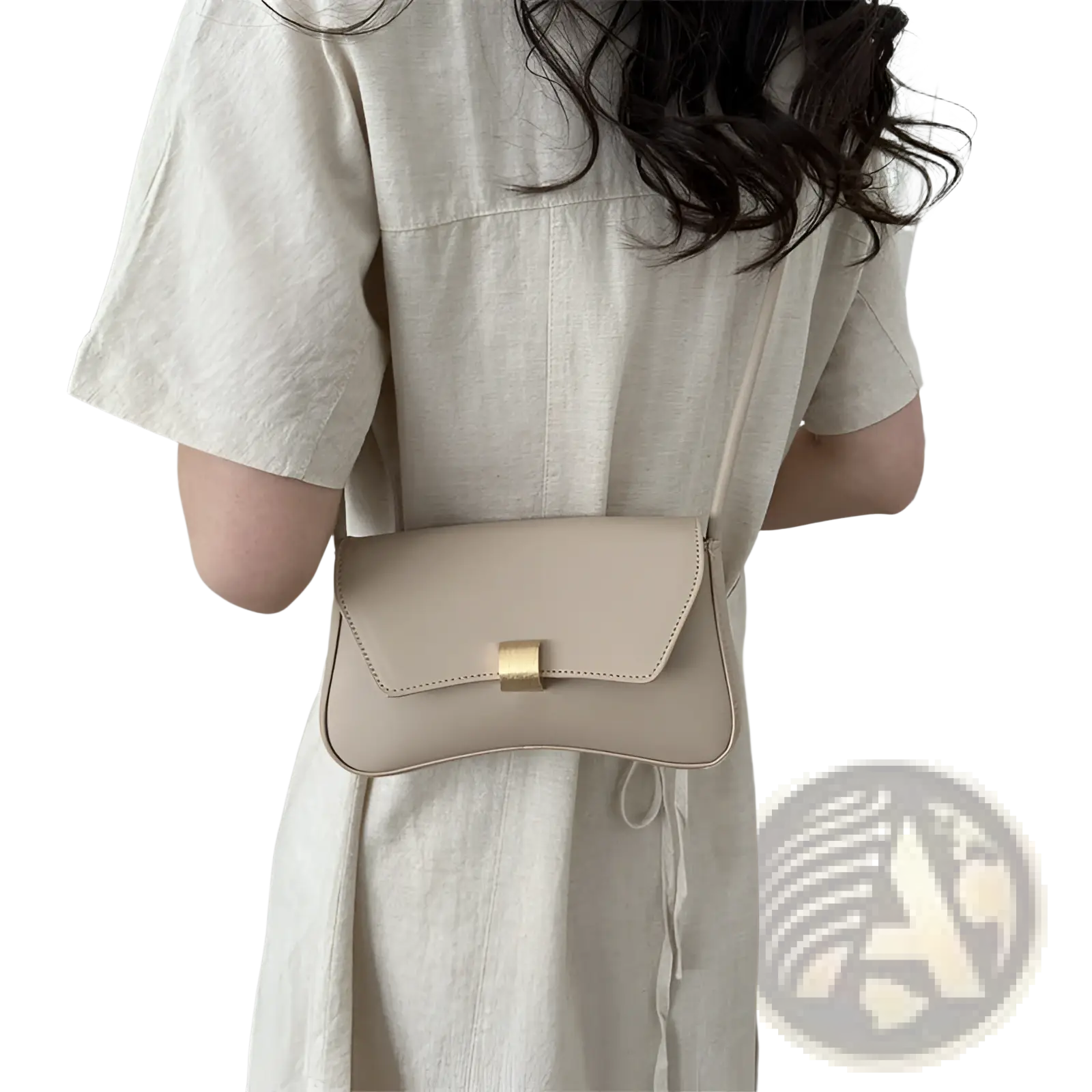 Beige minimalist faux leather structured crossbody bag with gold-tone rectangular clasp for shoulder use