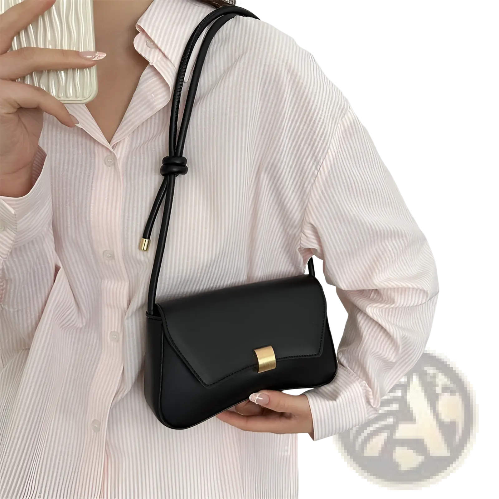 Minimalist black faux leather crossbody bag with gold rectangular clasp and knotted strap for structured shoulder wear
