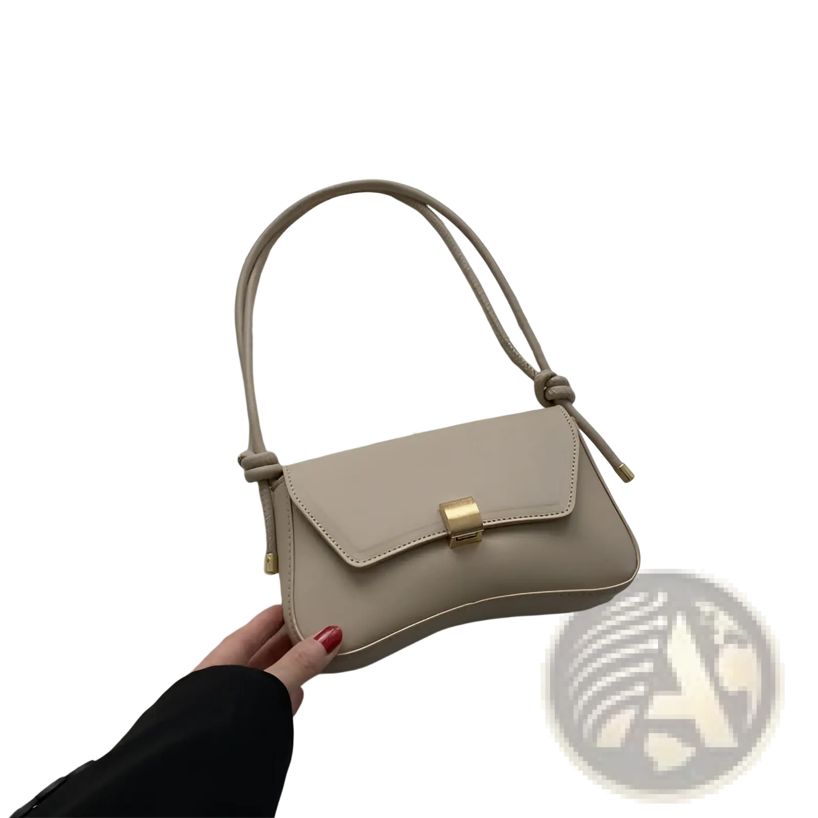 Minimalist beige faux leather structured shoulder bag with gold tone buckle and braided crossbody strap