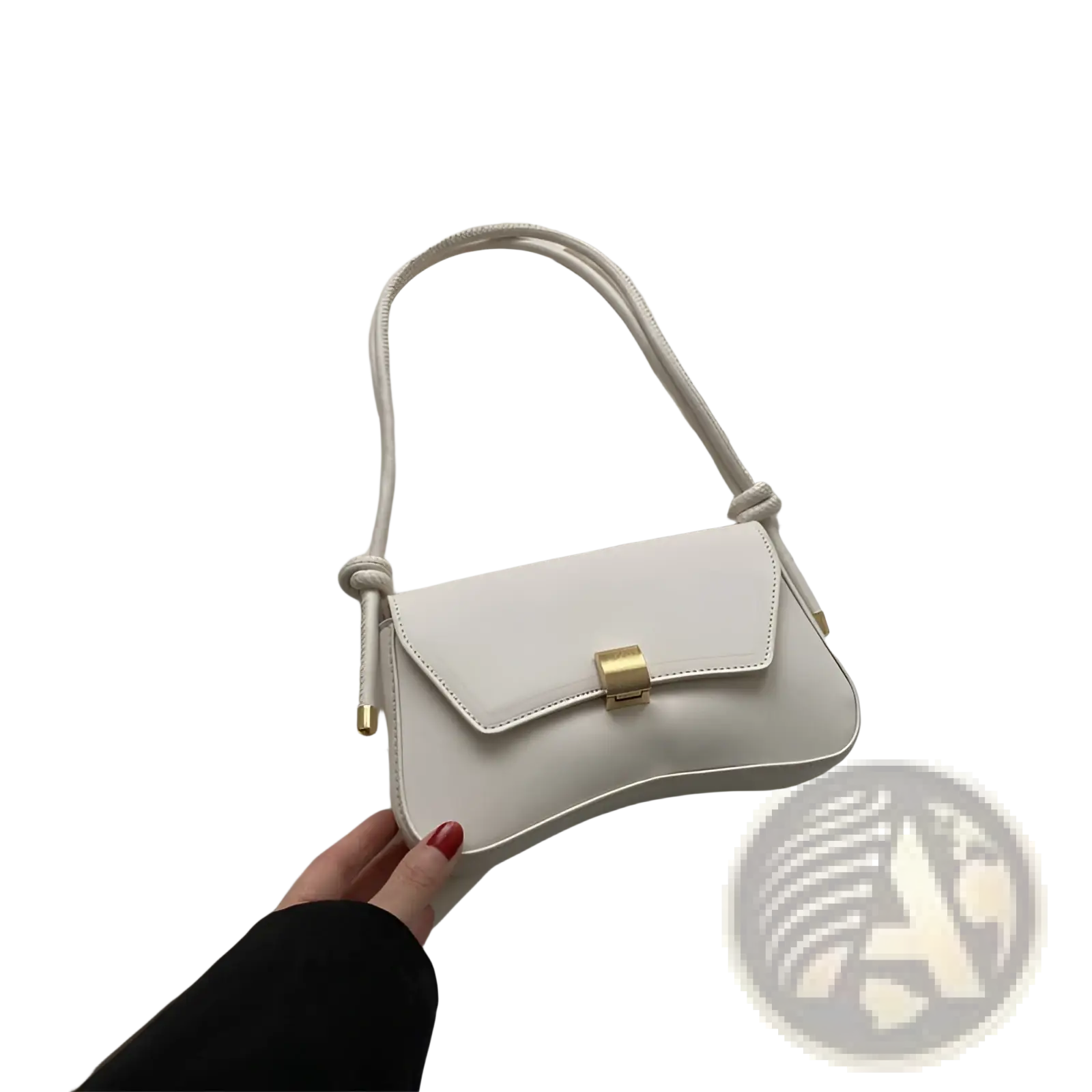 Cream-colored minimalist faux leather structured shoulder bag with gold-tone clasp and braided crossbody strap