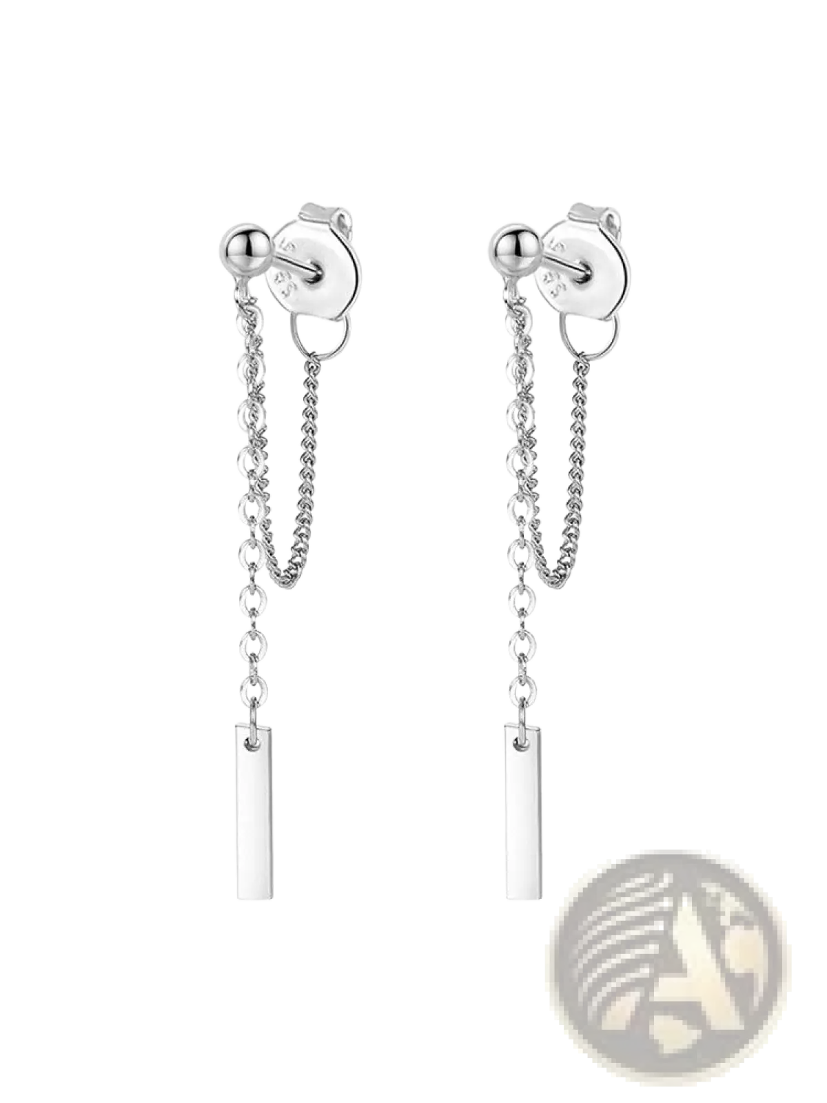 Silver minimalist geometric chain and bar dangle earrings featuring a delicate chain and rectangular bar pendant