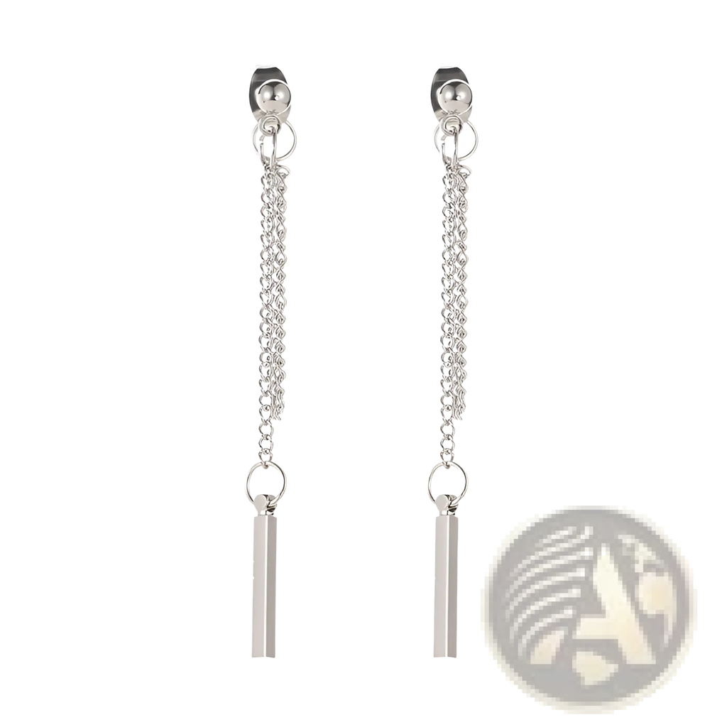 Minimalist geometric chain and bar dangle earrings in silver featuring a sleek rectangular bar drop design