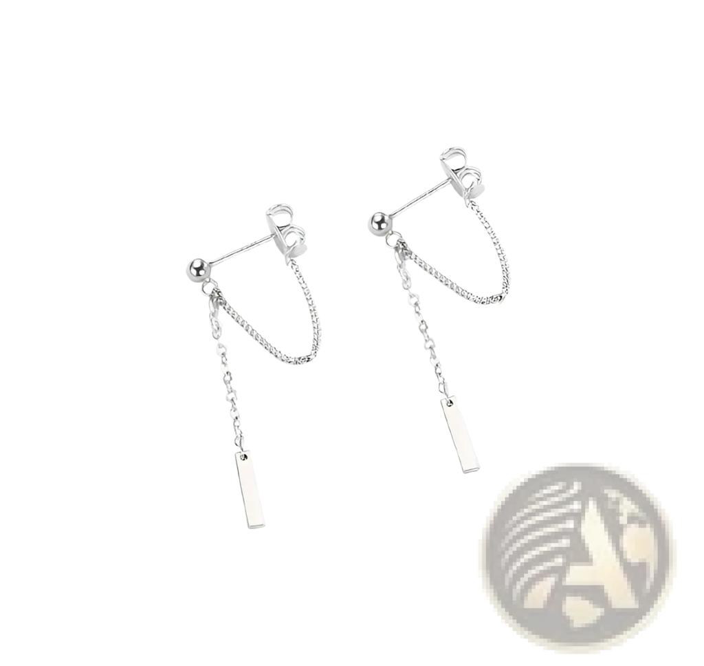 Minimalist geometric silver chain earrings with delicate rectangular bar pendants in a dangle design