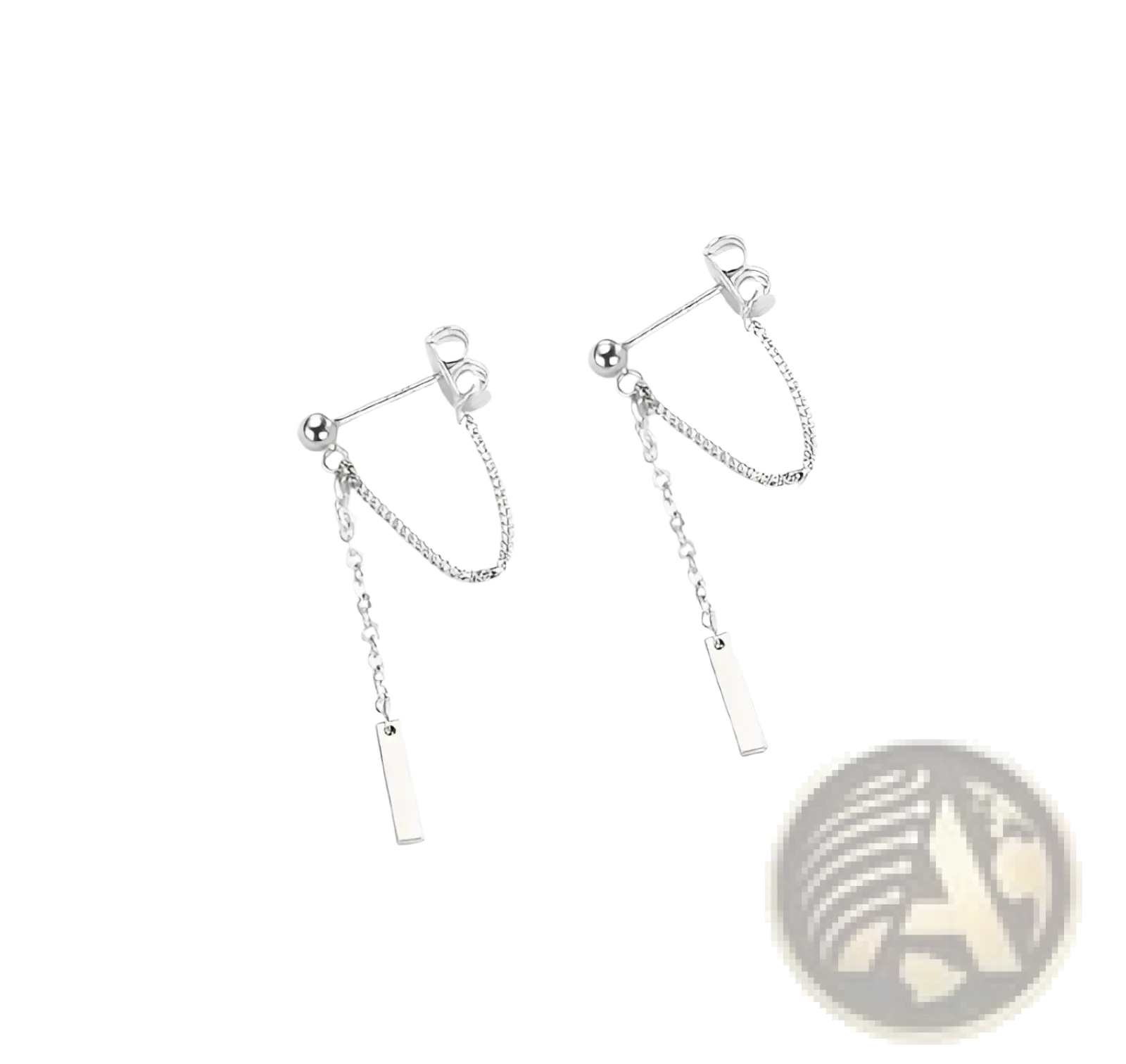 Minimalist geometric silver chain earrings with delicate rectangular bar pendants in a dangle design